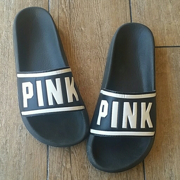 PINK Victoria's Secret Shoes - "PINK" SINGLE BAND BLACK SLIDES